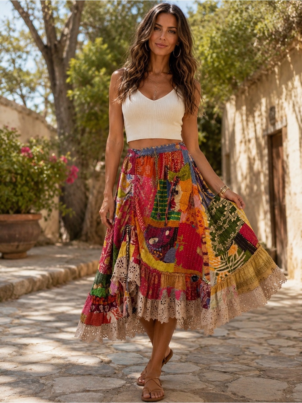 Kantha Bohemian Patchwork Midi Skirt - Multicolor small to large NWOT